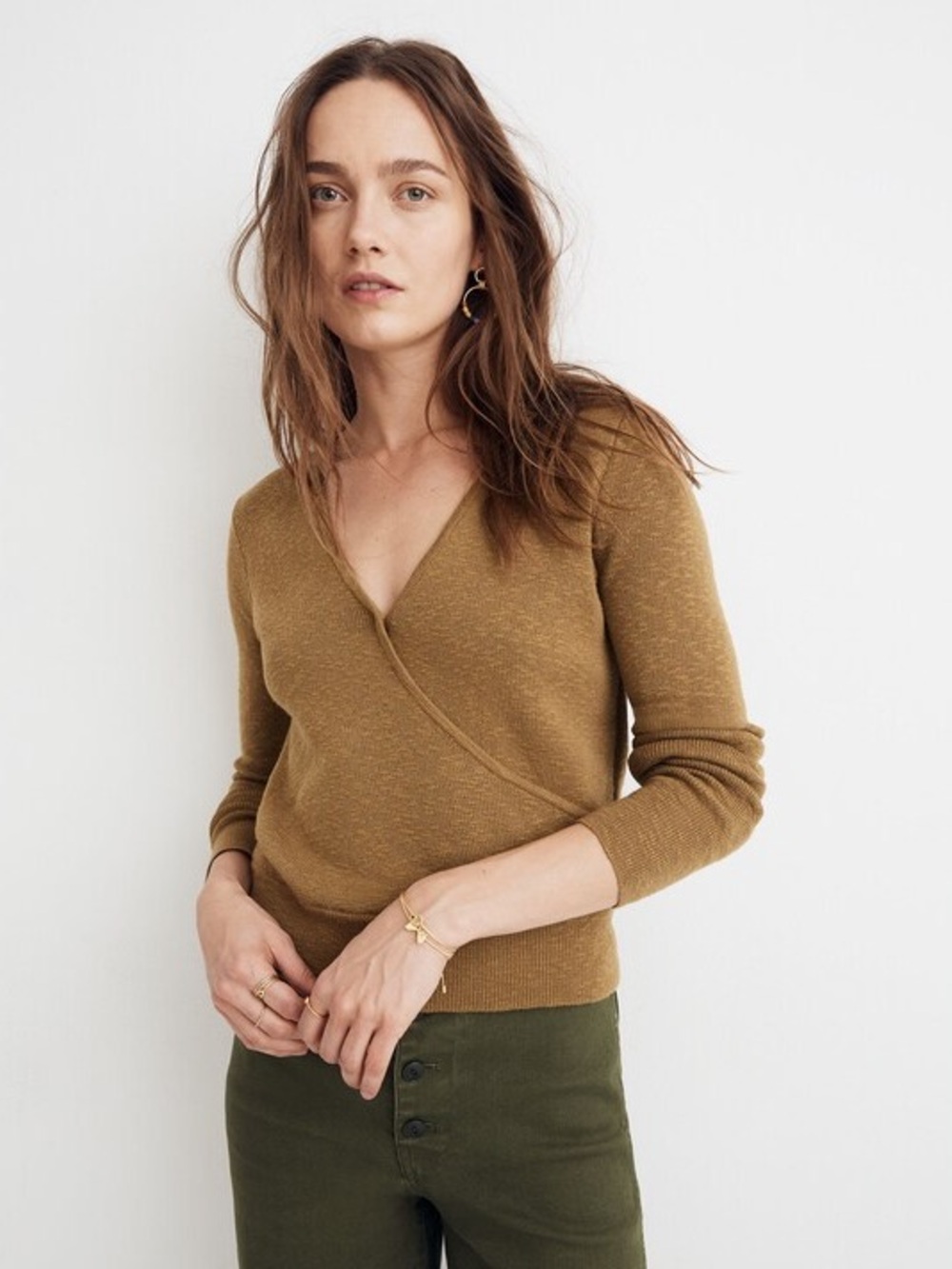 Madewell Wrap Front Pullover Sweater Spiced Olive Brass 2X